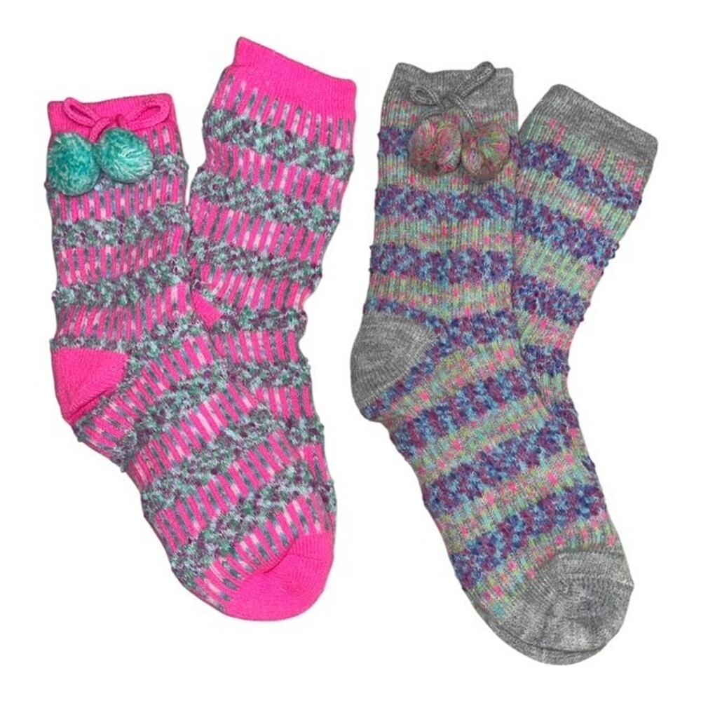 2 Pair Magellan Outdoors Women Ombre Popcorn Pom Lodge Crew Socks Pink Gray Aloe